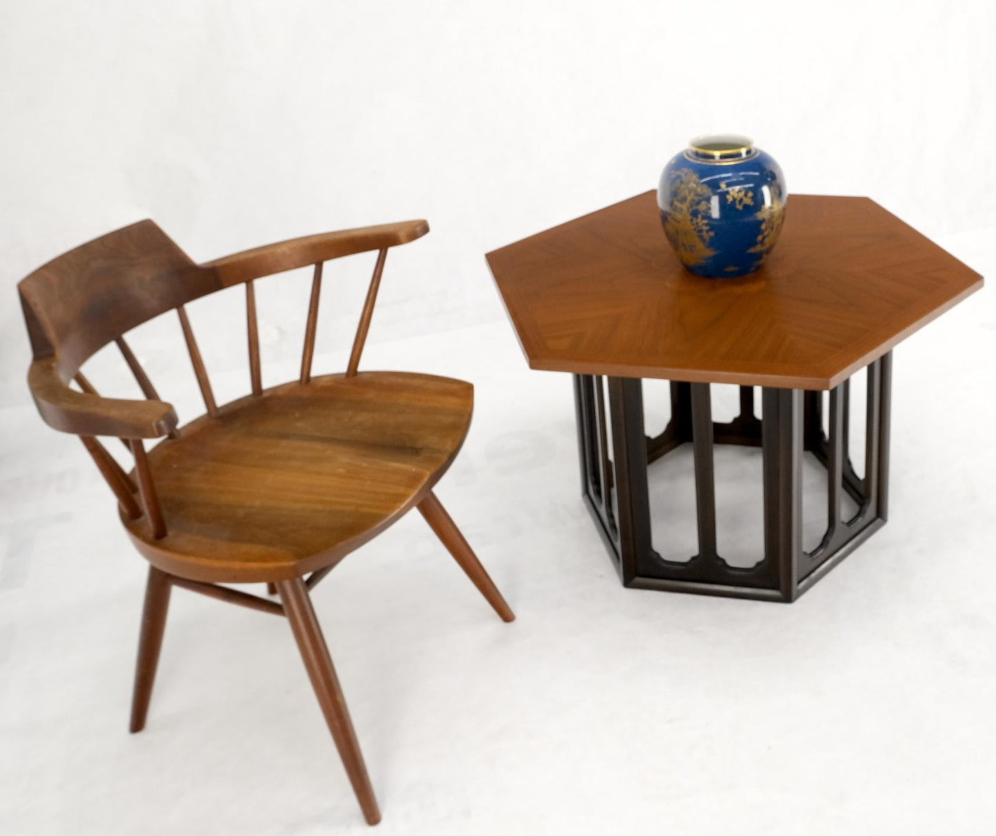 EstablishedLines Widdicomb Hexagon Light Walnut Top Center Lamp Side Table Stand Espresso Base