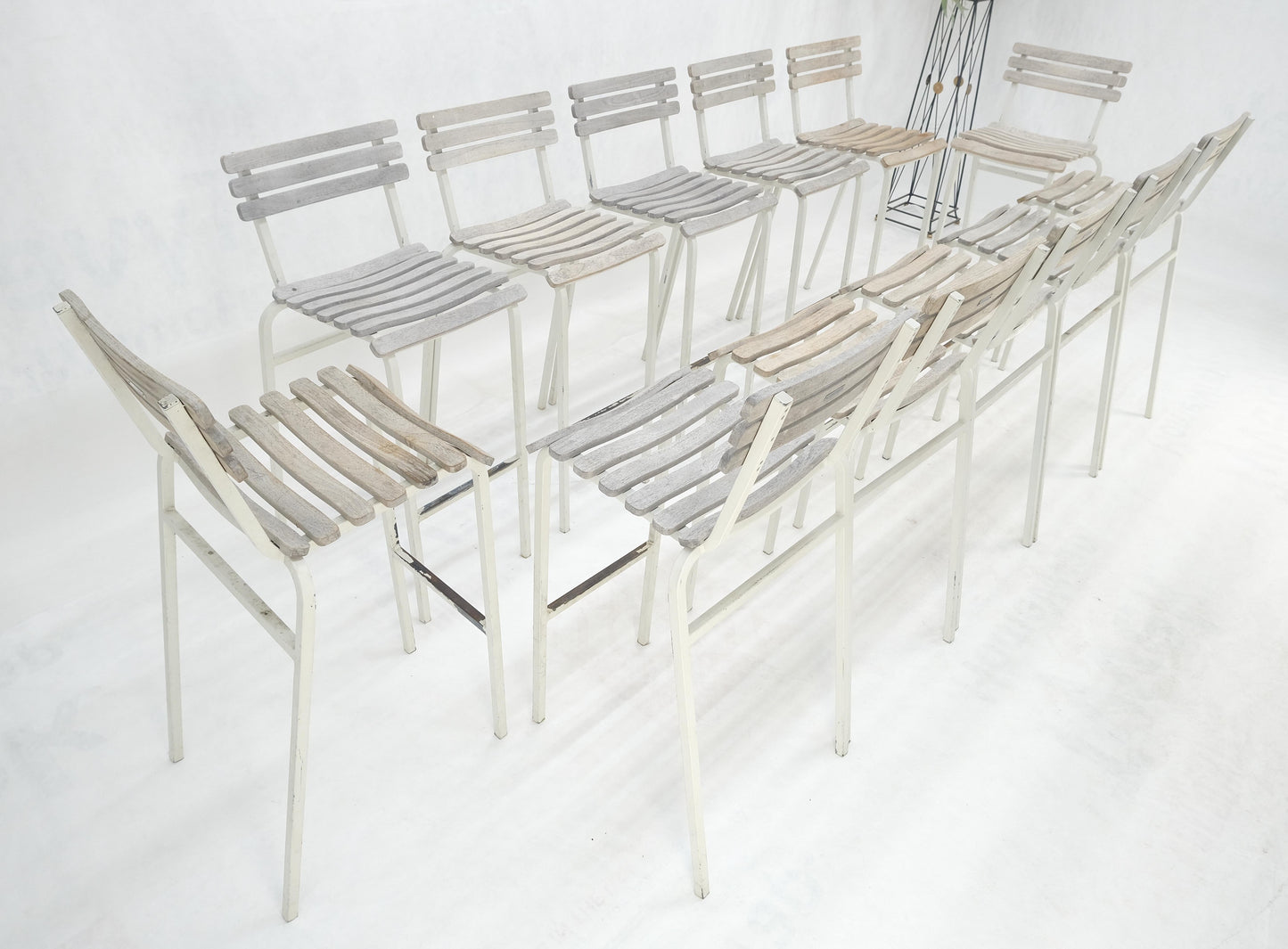 EstablishedLines Set of 12 Weathered TEAK & Aluminum Outdoor Bar Stools Made in Italy