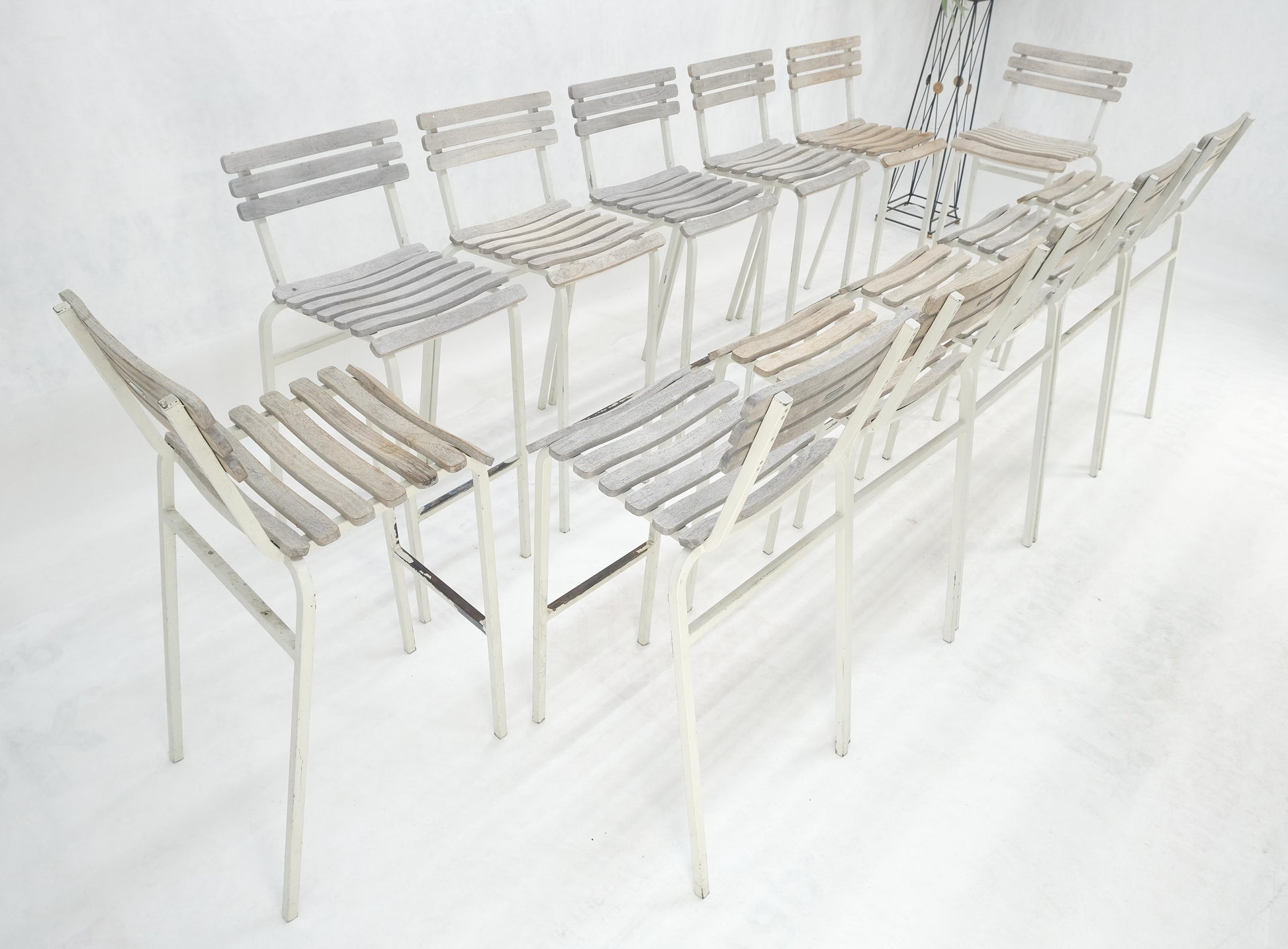 EstablishedLines Set of 12 Weathered TEAK & Aluminum Outdoor Bar Stools Made in Italy