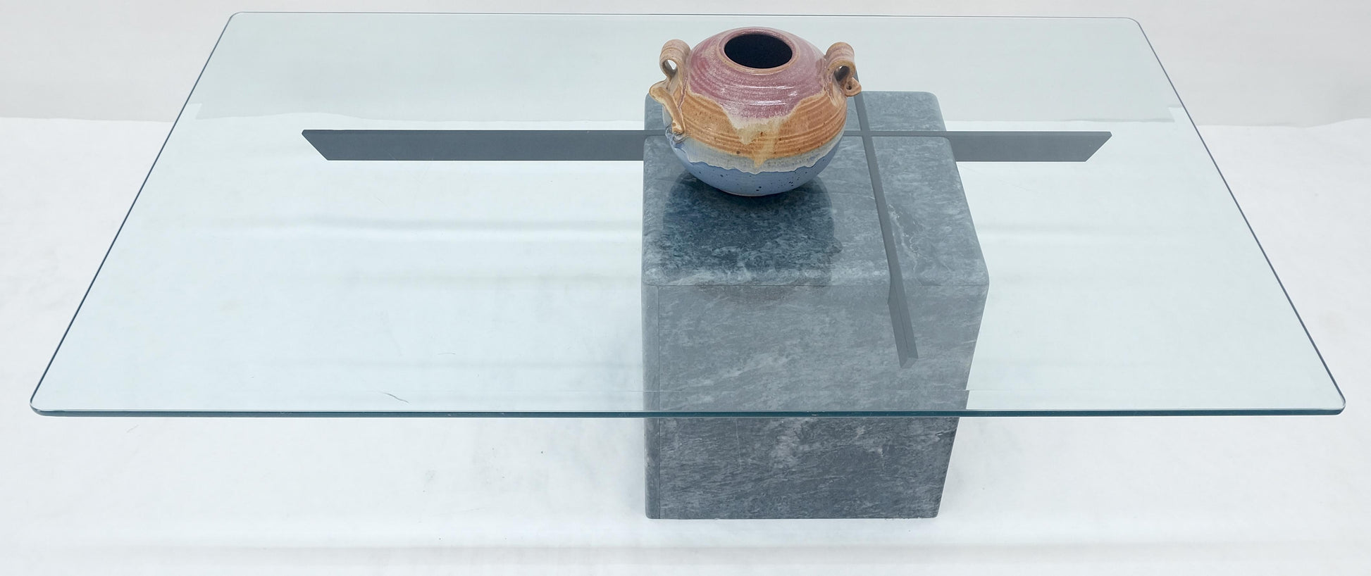 EstablishedLines Grey Italian Marble Cube Shape Base 30x50 Rectangle Glass Top Coffee Table CLEAN