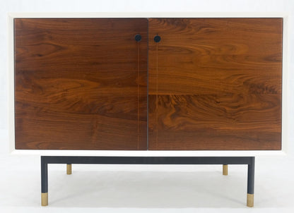 EstablishedLines White Lacquer Oiled Walnut Double Door Cylinder Legs Brass Tips Legs Credenza