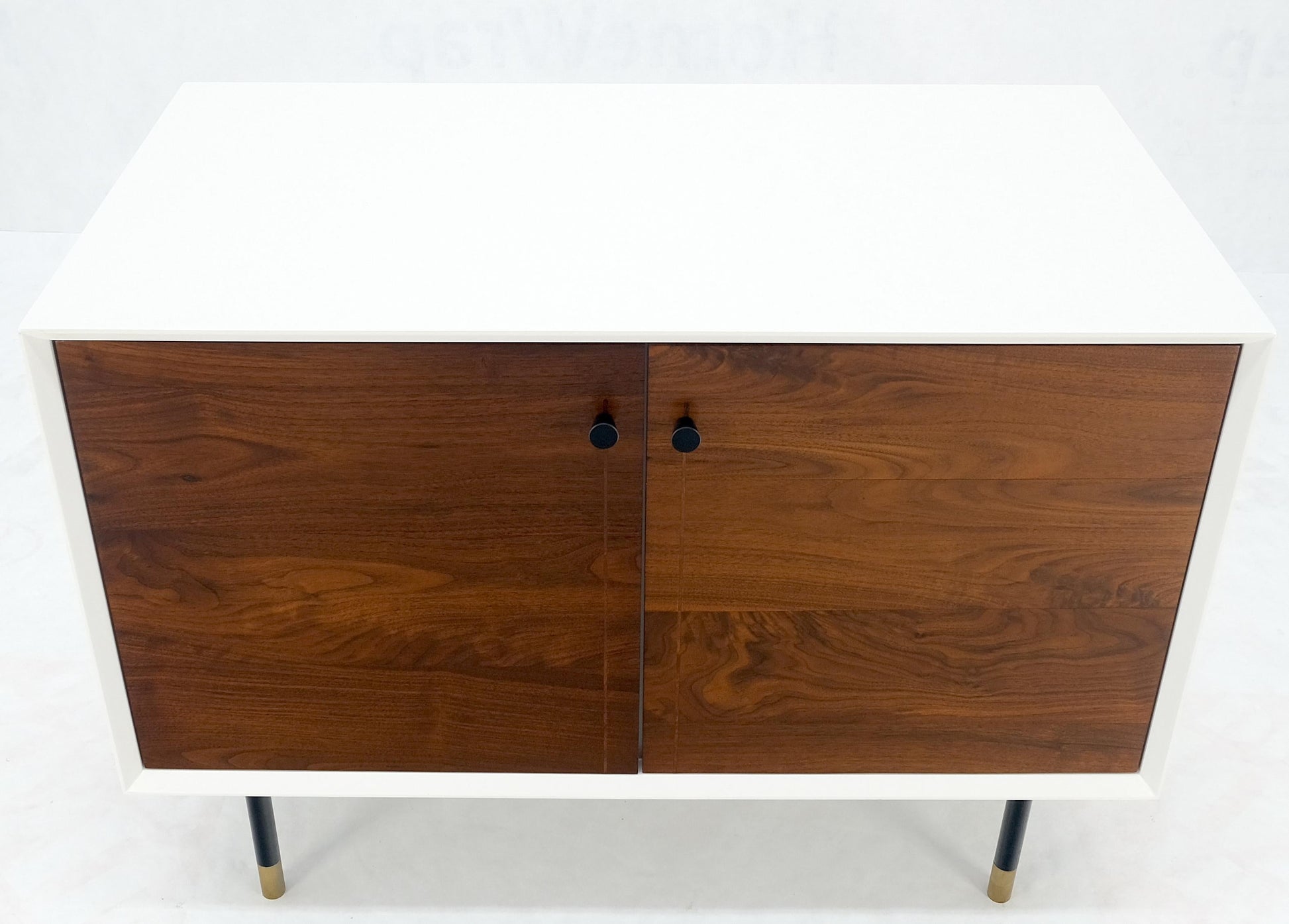 EstablishedLines White Lacquer Oiled Walnut Double Door Cylinder Legs Brass Tips Legs Credenza