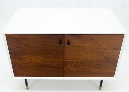 EstablishedLines White Lacquer Oiled Walnut Double Door Cylinder Legs Brass Tips Legs Credenza