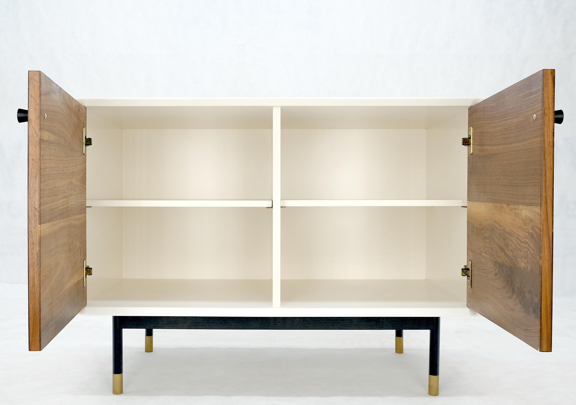 EstablishedLines White Lacquer Oiled Walnut Double Door Cylinder Legs Brass Tips Legs Credenza