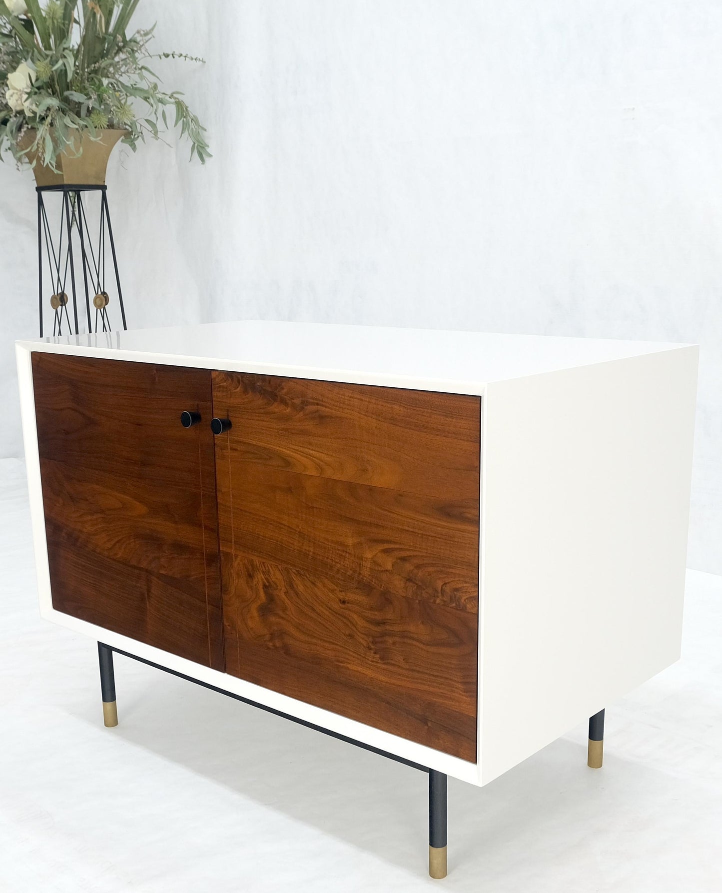 EstablishedLines White Lacquer Oiled Walnut Double Door Cylinder Legs Brass Tips Legs Credenza