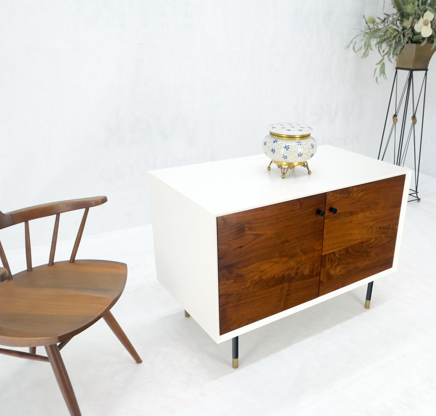 EstablishedLines White Lacquer Oiled Walnut Double Door Cylinder Legs Brass Tips Legs Credenza