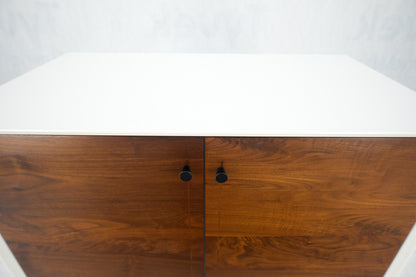 EstablishedLines White Lacquer Oiled Walnut Double Door Cylinder Legs Brass Tips Legs Credenza