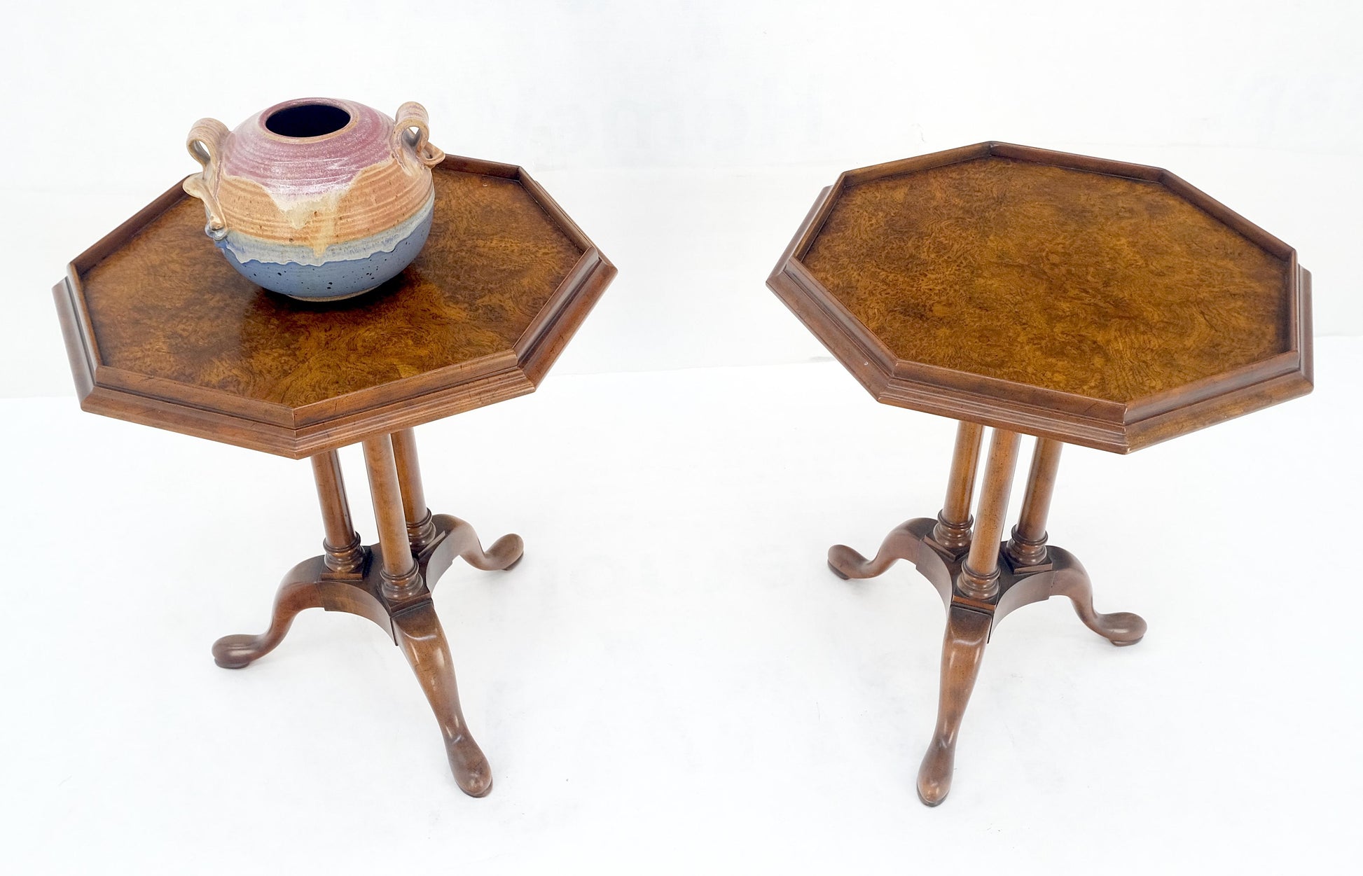 EstablishedLines Pair Gallery Burl Wood Top Tripod Bases Side End Occasional Lamp Tables Stands