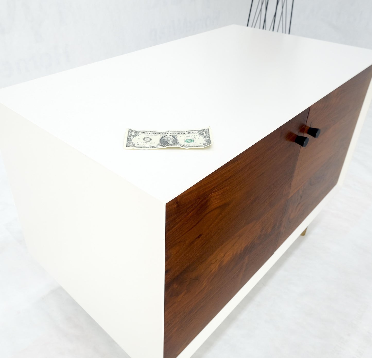 EstablishedLines White Lacquer Oiled Walnut Double Door Cylinder Legs Brass Tips Legs Credenza