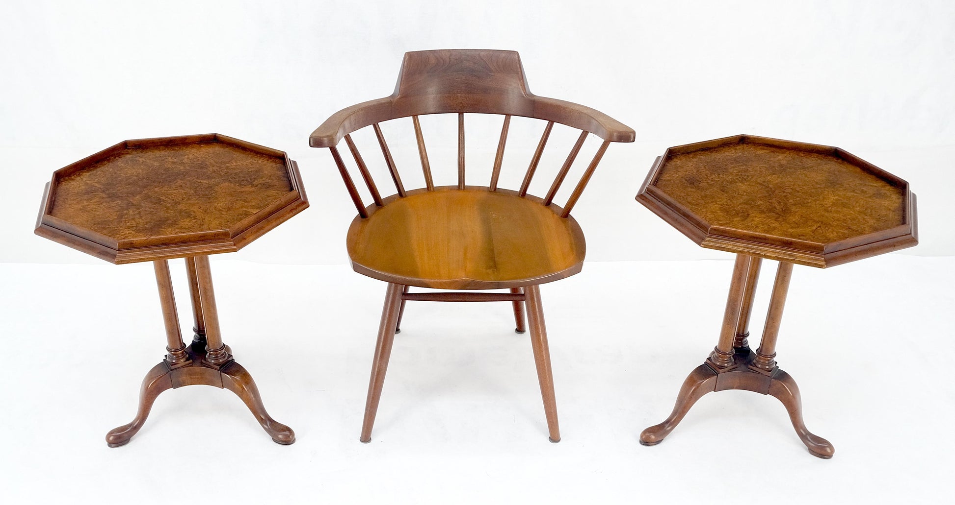 EstablishedLines Pair Gallery Burl Wood Top Tripod Bases Side End Occasional Lamp Tables Stands