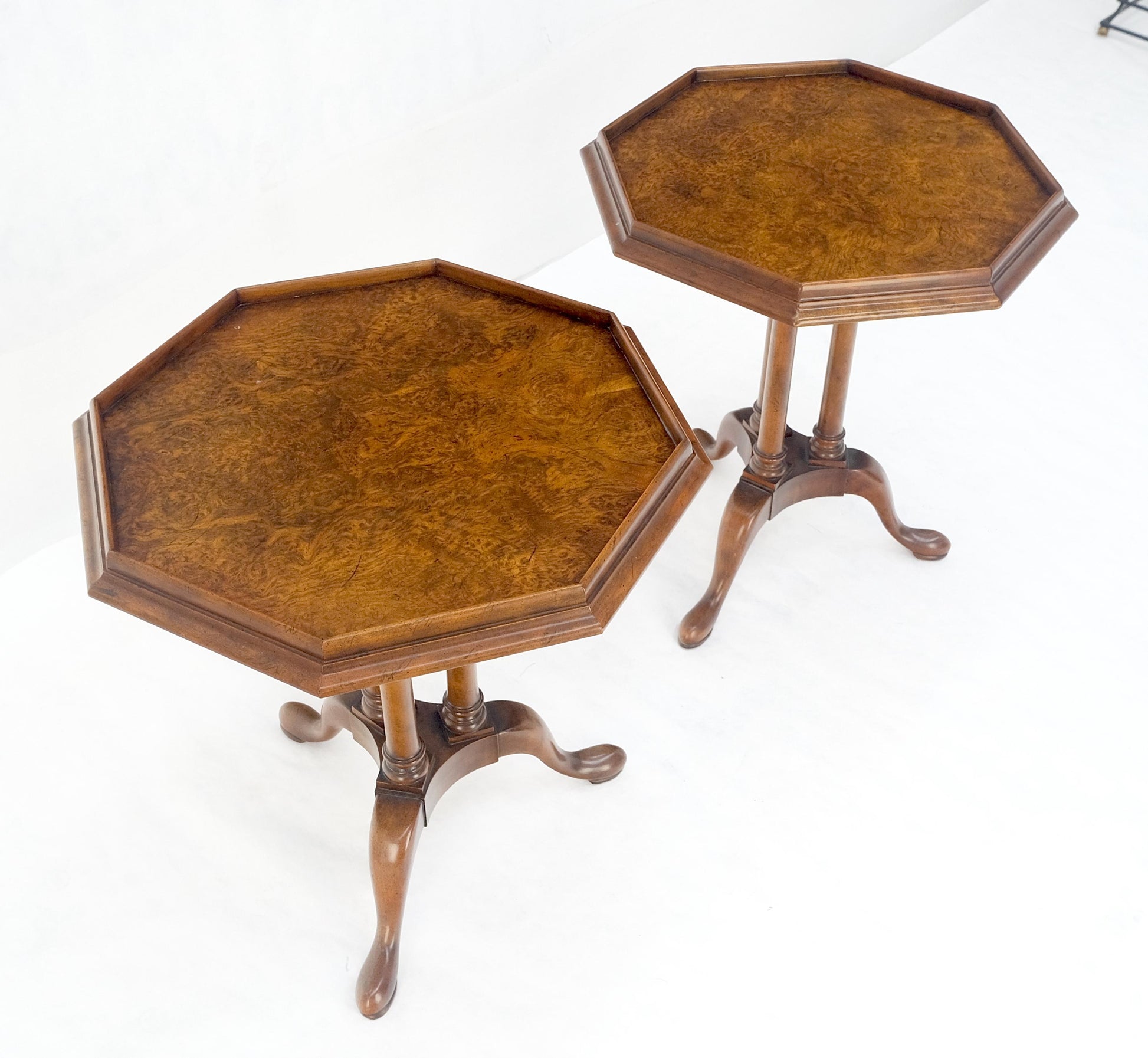EstablishedLines Pair Gallery Burl Wood Top Tripod Bases Side End Occasional Lamp Tables Stands