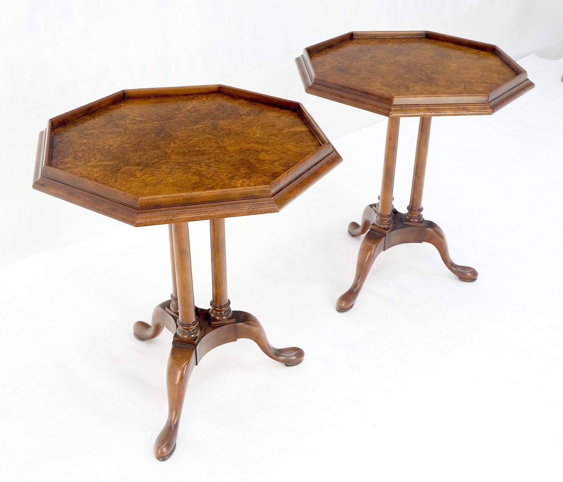 EstablishedLines Pair Gallery Burl Wood Top Tripod Bases Side End Occasional Lamp Tables Stands