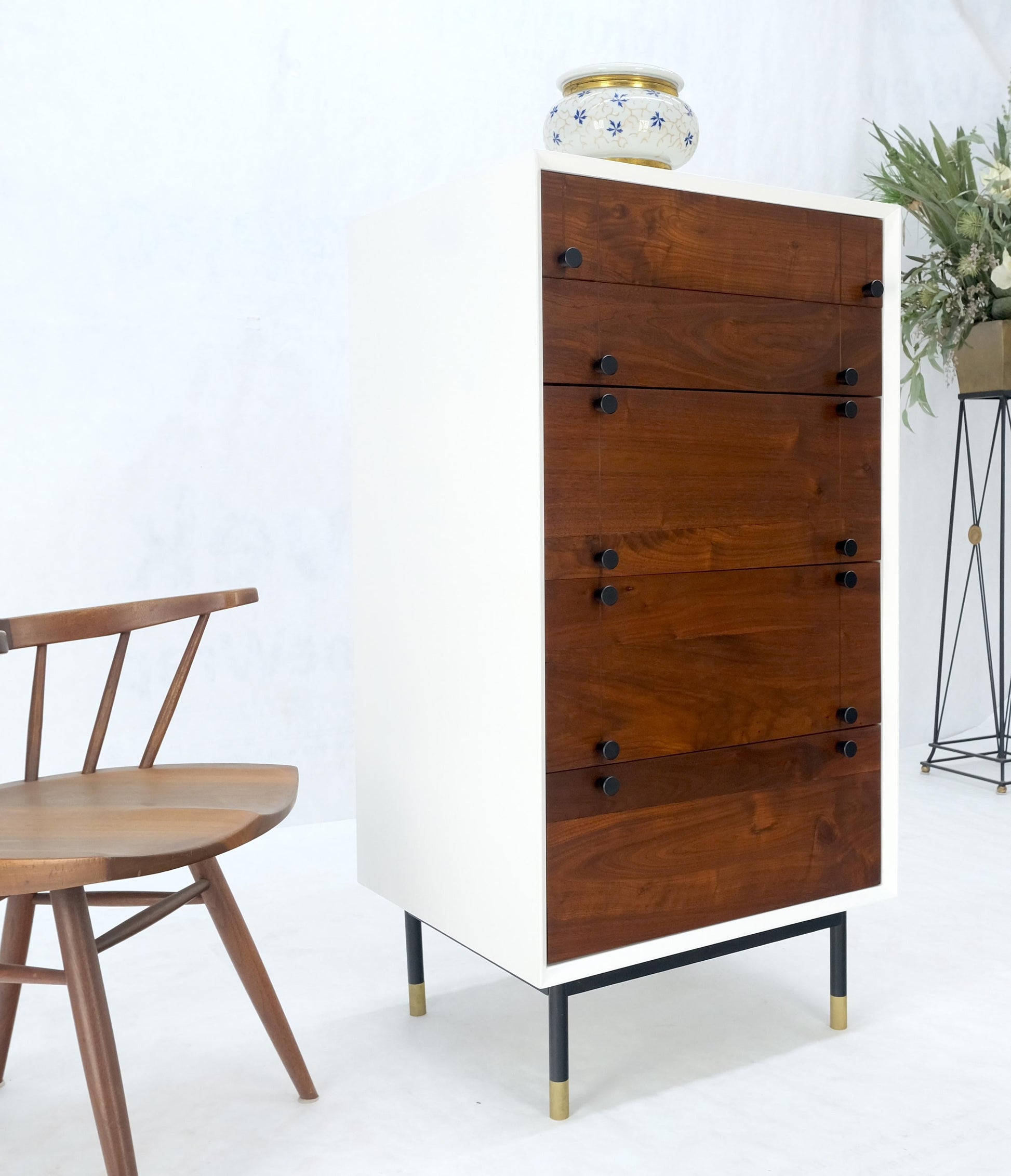Two Tone 47" Tall White Bedroom Dresser 5 Walnut Drawers