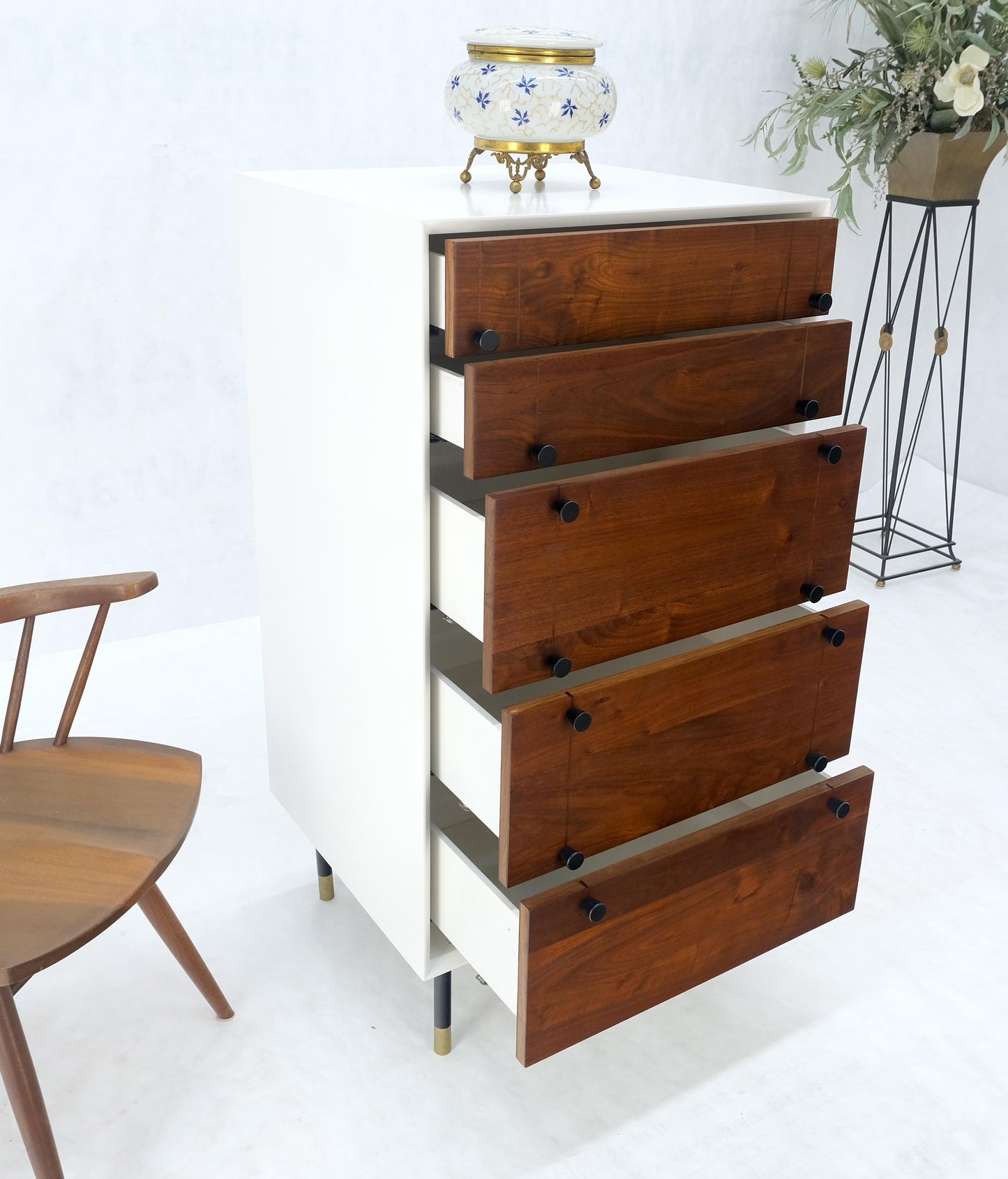Two Tone 47" Tall White Bedroom Dresser 5 Walnut Drawers