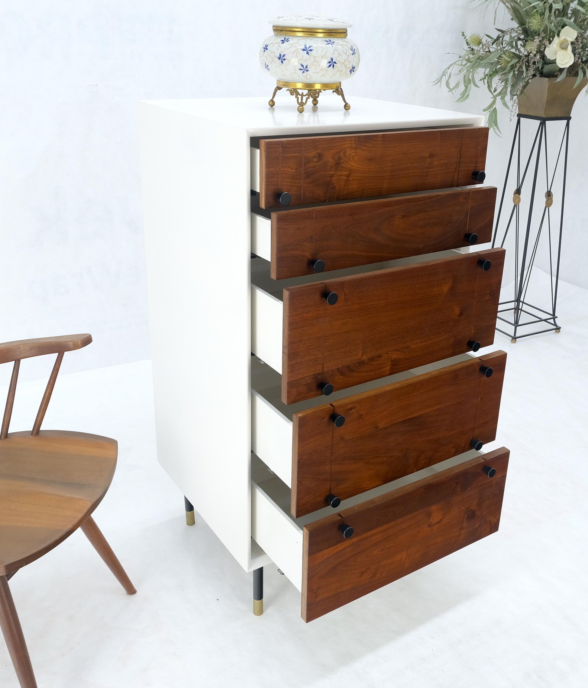 Two Tone 47" Tall White Bedroom Dresser 5 Walnut Drawers