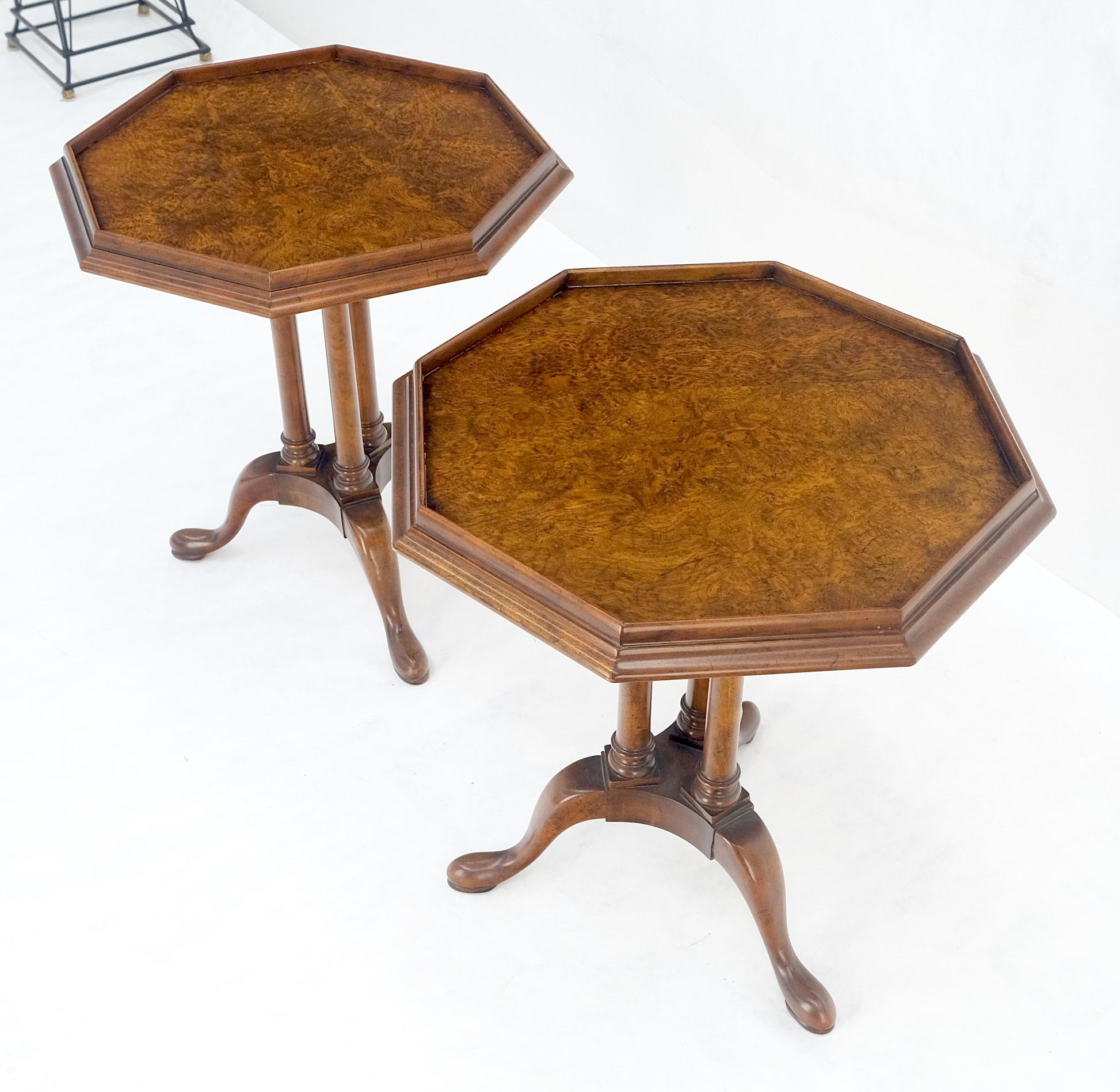 EstablishedLines Pair Gallery Burl Wood Top Tripod Bases Side End Occasional Lamp Tables Stands