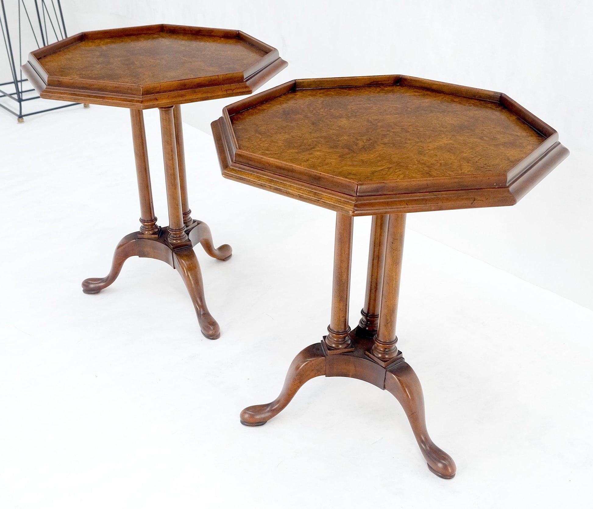 EstablishedLines Pair Gallery Burl Wood Top Tripod Bases Side End Occasional Lamp Tables Stands