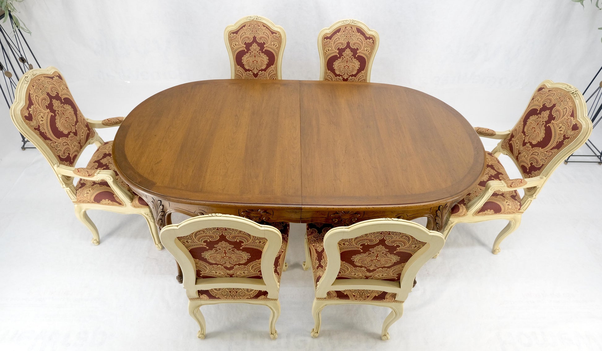 EstablishedLines 8 Carved Dining Chairs Walnut Table 3x18" Leaves Overall 132" Long Dining Set