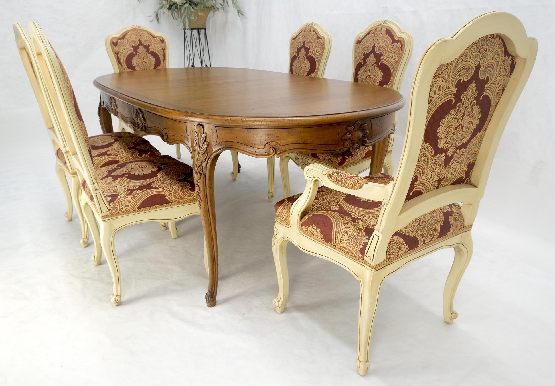 EstablishedLines 8 Carved Dining Chairs Walnut Table 3x18" Leaves Overall 132" Long Dining Set