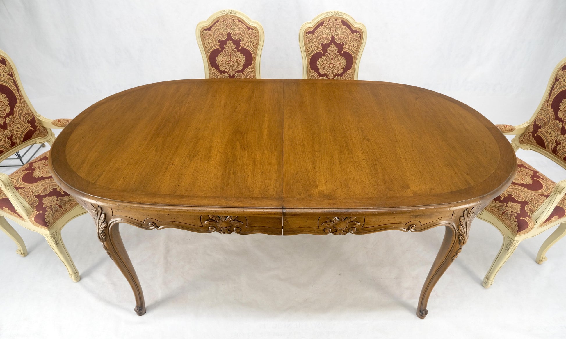 EstablishedLines 8 Carved Dining Chairs Walnut Table 3x18" Leaves Overall 132" Long Dining Set