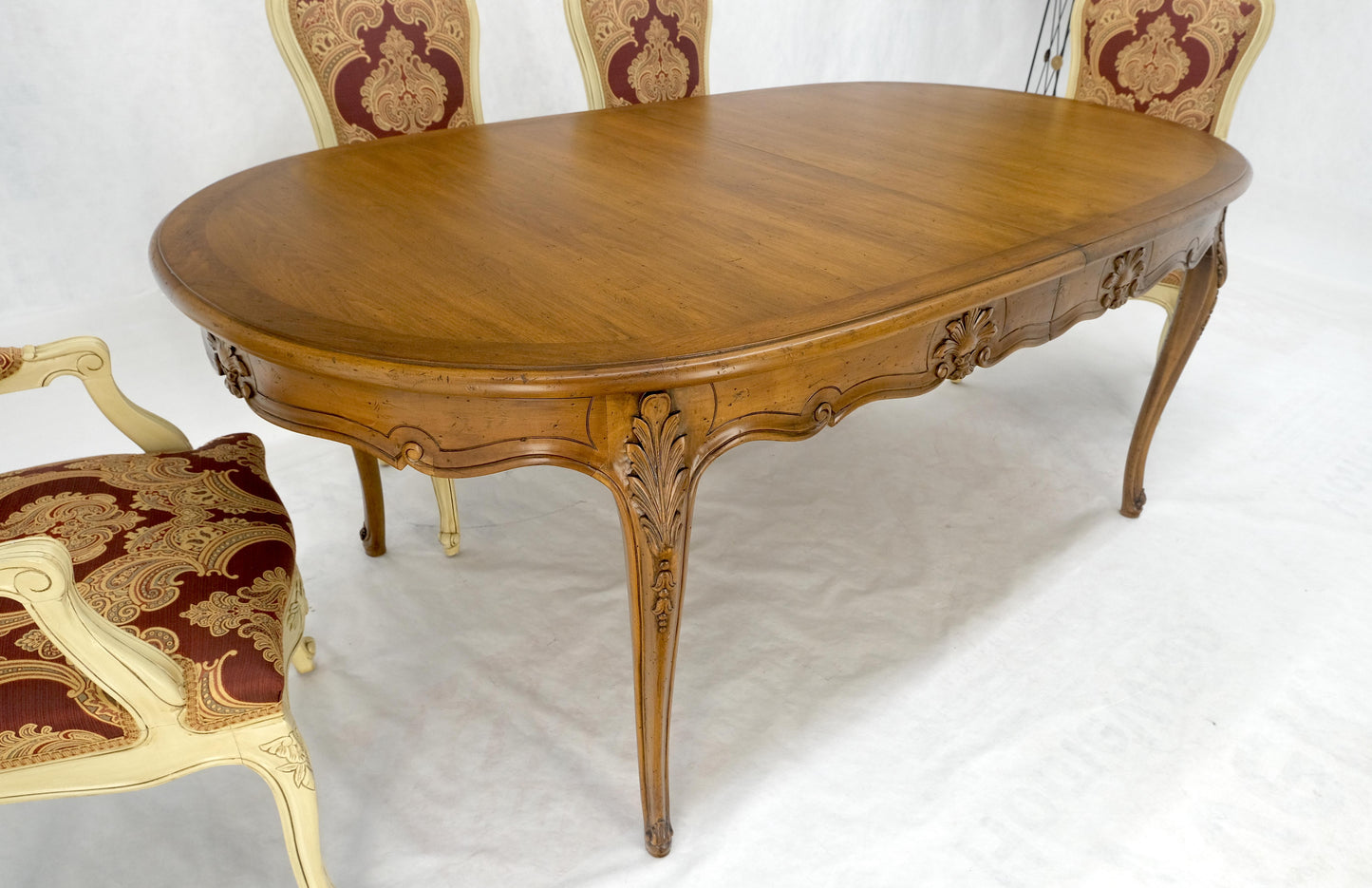 EstablishedLines 8 Carved Dining Chairs Walnut Table 3x18" Leaves Overall 132" Long Dining Set