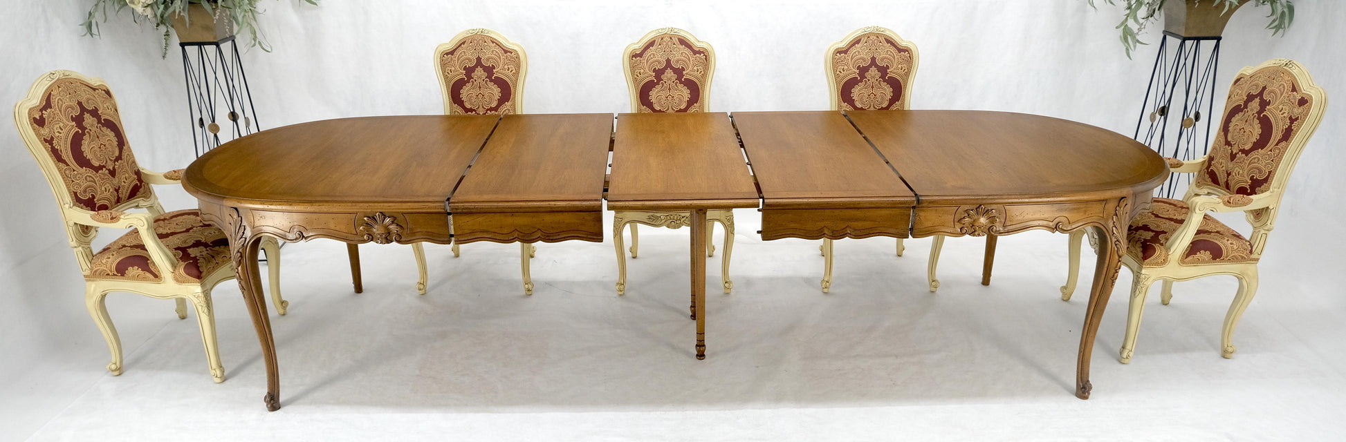 EstablishedLines 8 Carved Dining Chairs Walnut Table 3x18" Leaves Overall 132" Long Dining Set