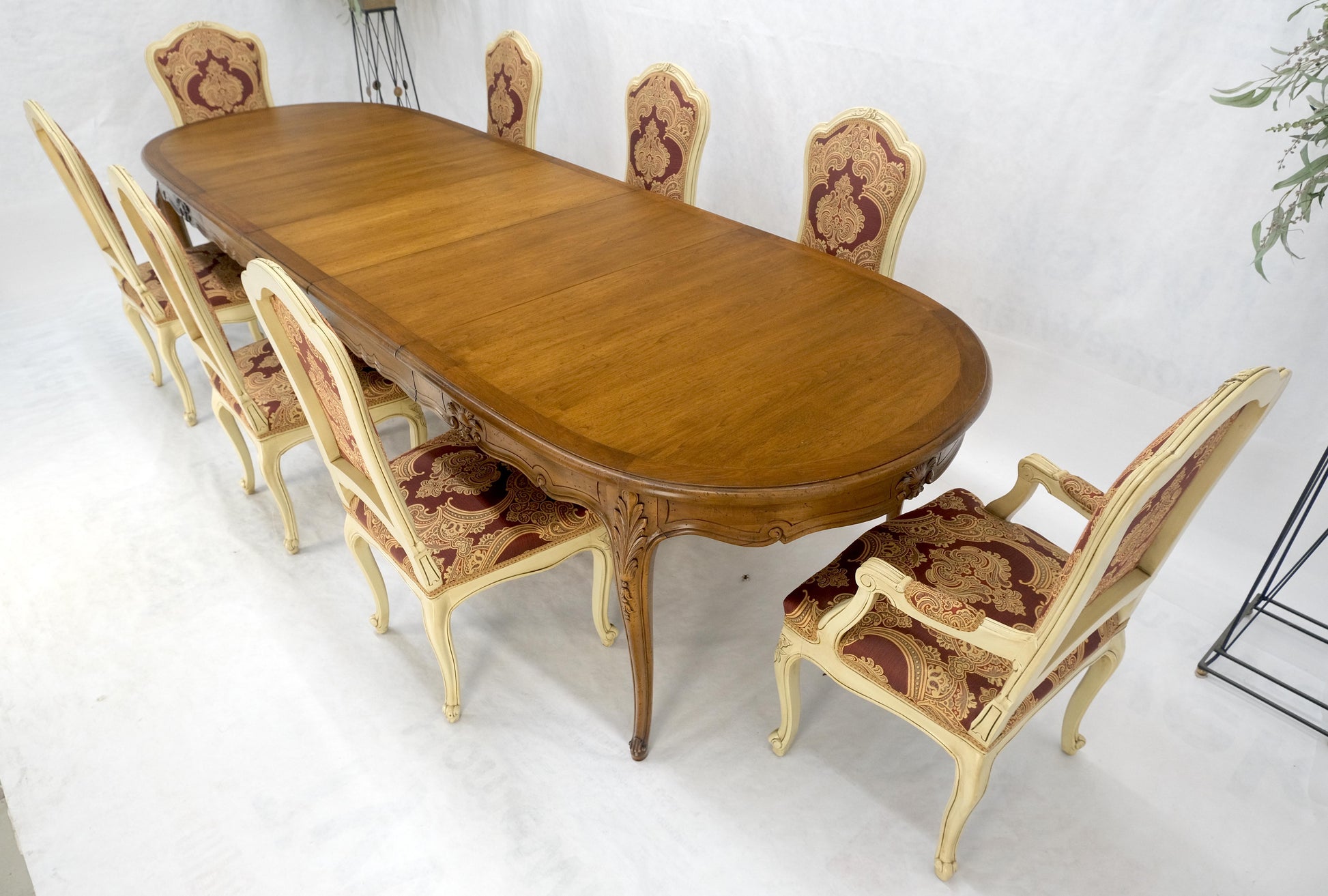 EstablishedLines 8 Carved Dining Chairs Walnut Table 3x18" Leaves Overall 132" Long Dining Set