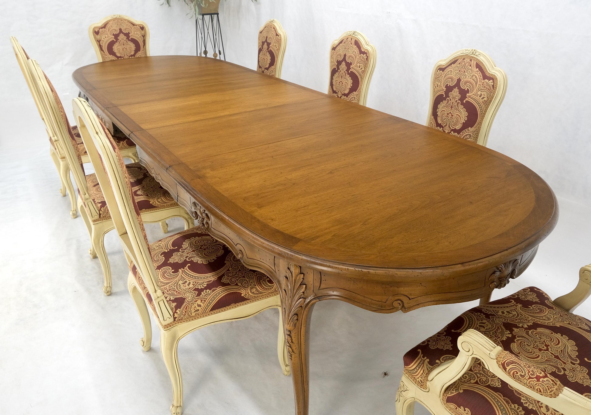 EstablishedLines 8 Carved Dining Chairs Walnut Table 3x18" Leaves Overall 132" Long Dining Set