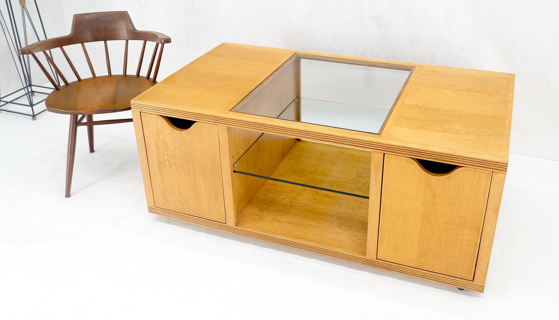 EstablishedLines Large Box Shape Glass Top Birch Plywood Deep Drawers Storage Coffee Table MCM