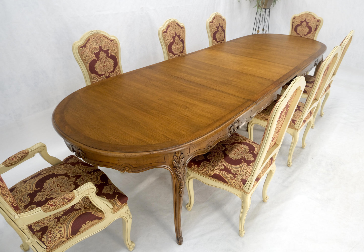 EstablishedLines 8 Carved Dining Chairs Walnut Table 3x18" Leaves Overall 132" Long Dining Set