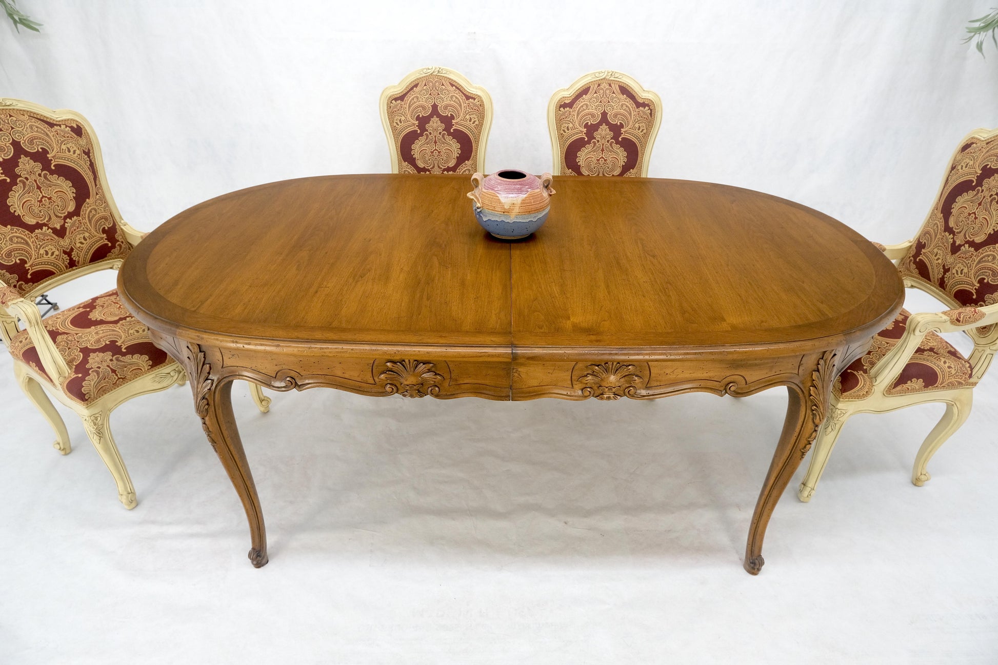 EstablishedLines 8 Carved Dining Chairs Walnut Table 3x18" Leaves Overall 132" Long Dining Set