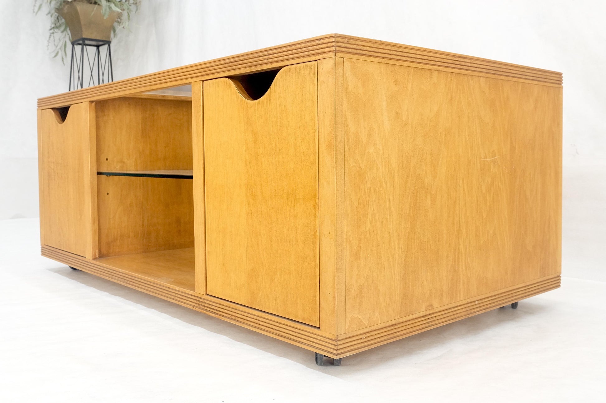 EstablishedLines Large Box Shape Glass Top Birch Plywood Deep Drawers Storage Coffee Table MCM