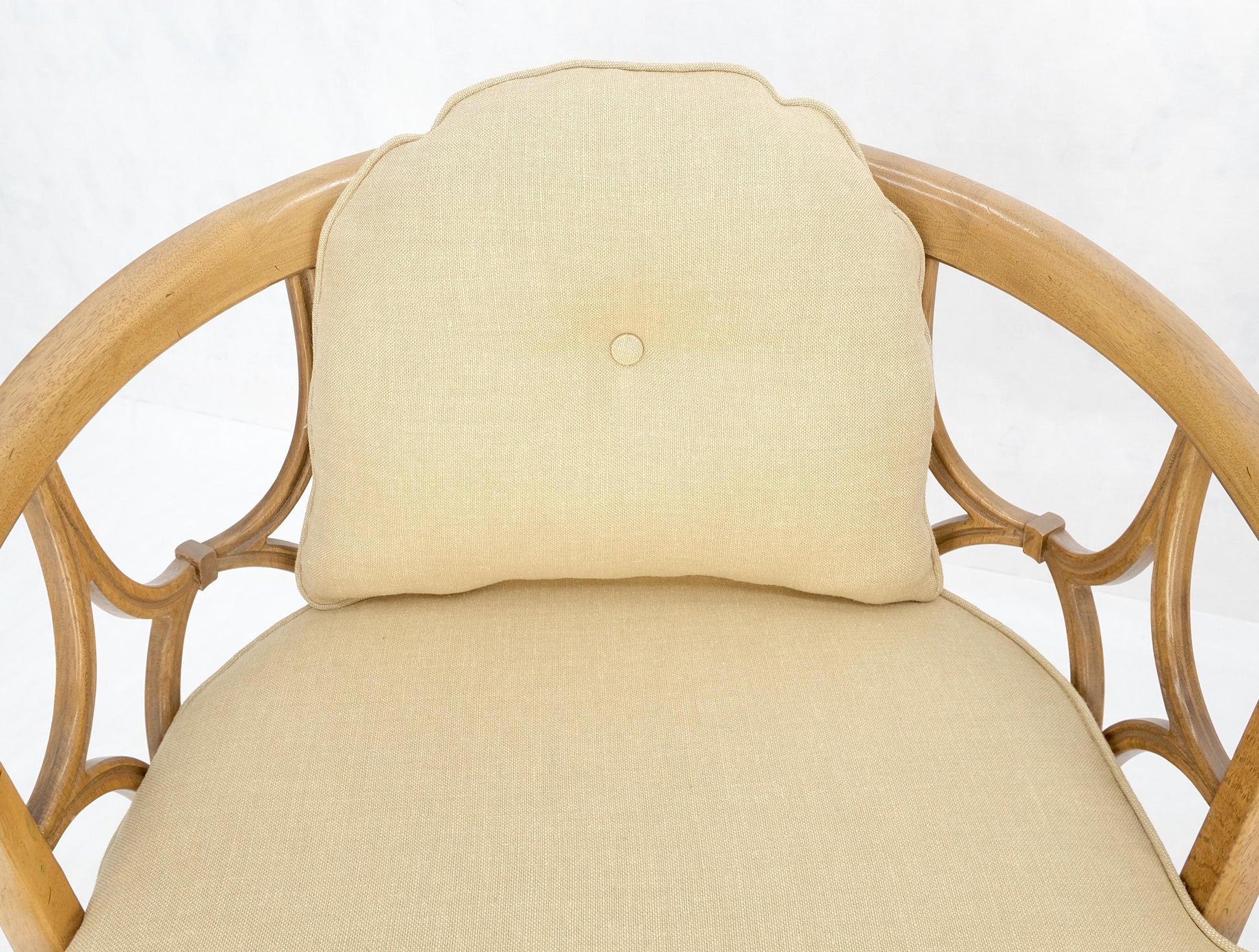 EstablishedLines Pair of New Gold Linen Upholstery Barrel Back Wrap Around Lounge Arm Chairs MINT