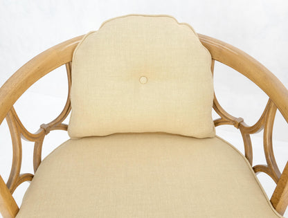 EstablishedLines Pair of New Gold Linen Upholstery Barrel Back Wrap Around Lounge Arm Chairs MINT