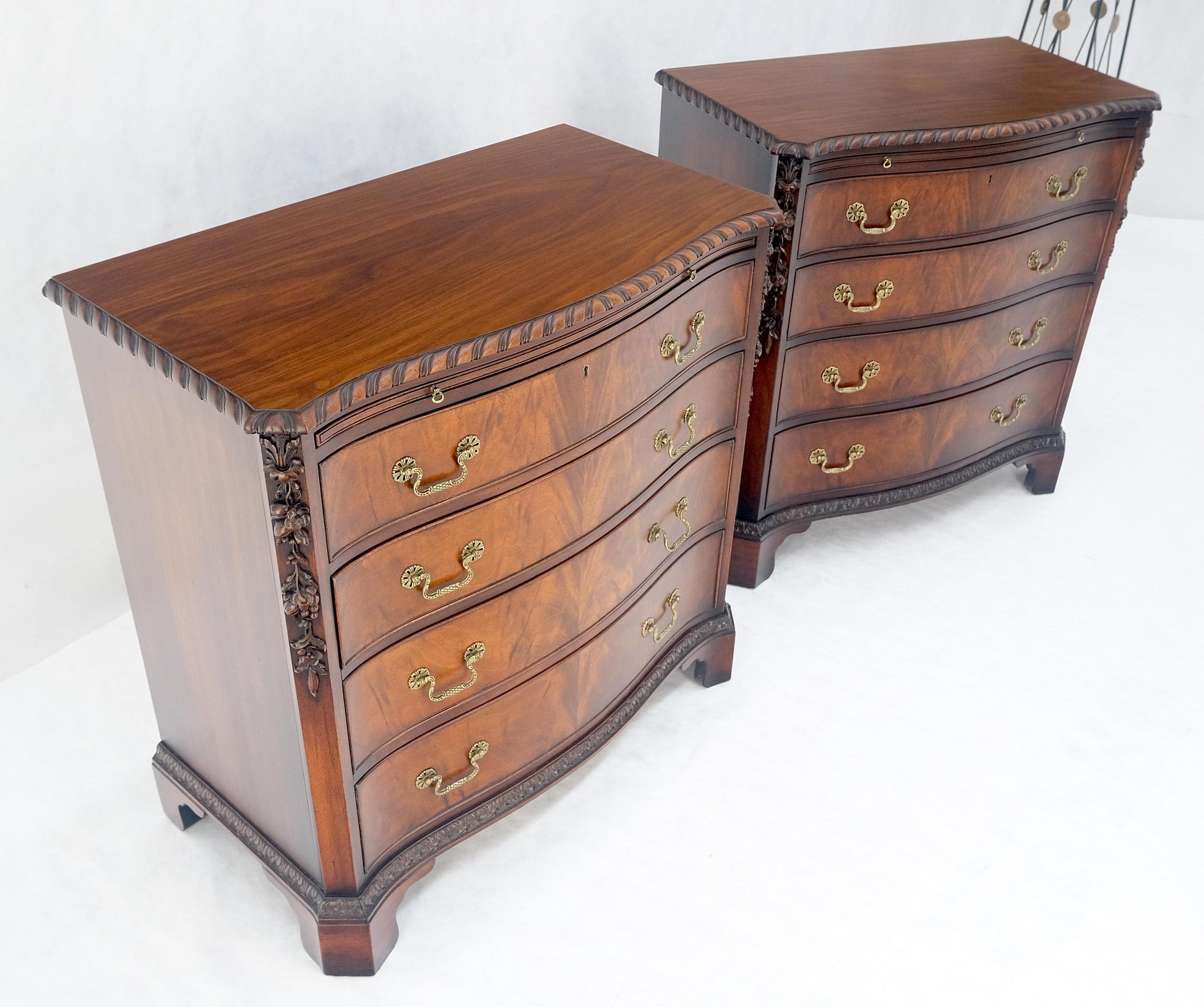 EstablishedLines Pair Flame Mahogany Brass Pulls 4 Drawers Pull Out Trays Bachelor Chest Dresers