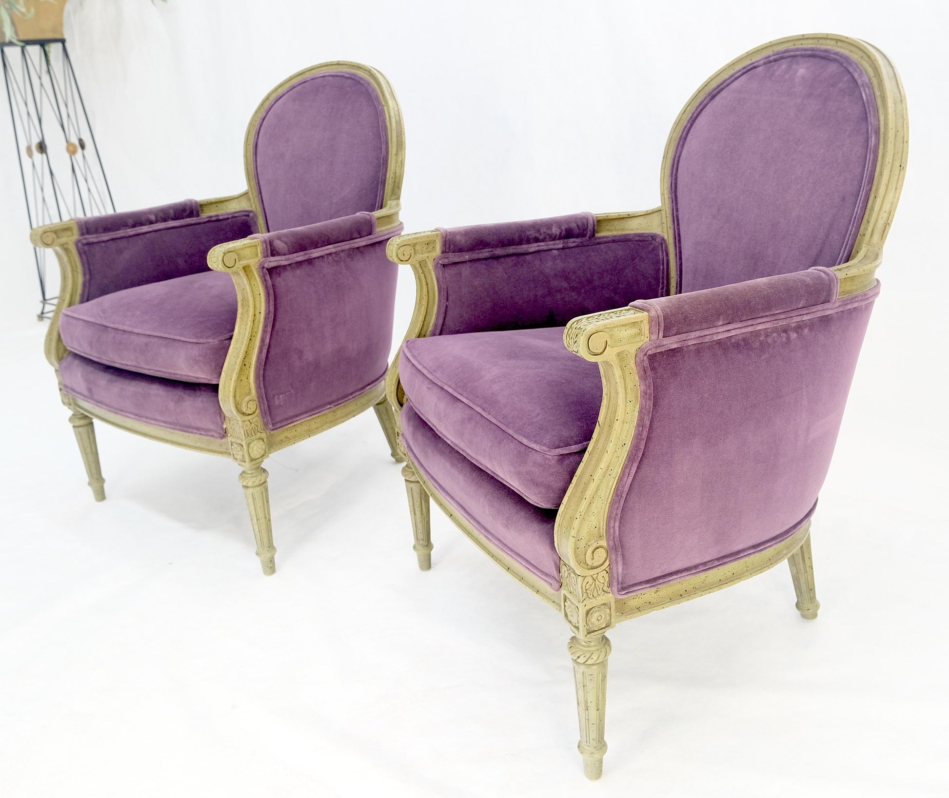 EstablishedLines Pair of Purple Velvet Upholstery French Bergere Club Chairs Clean!