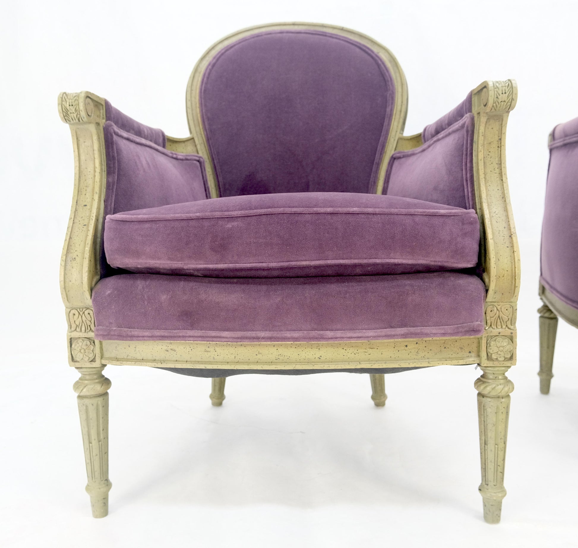 EstablishedLines Pair of Purple Velvet Upholstery French Bergere Club Chairs Clean!