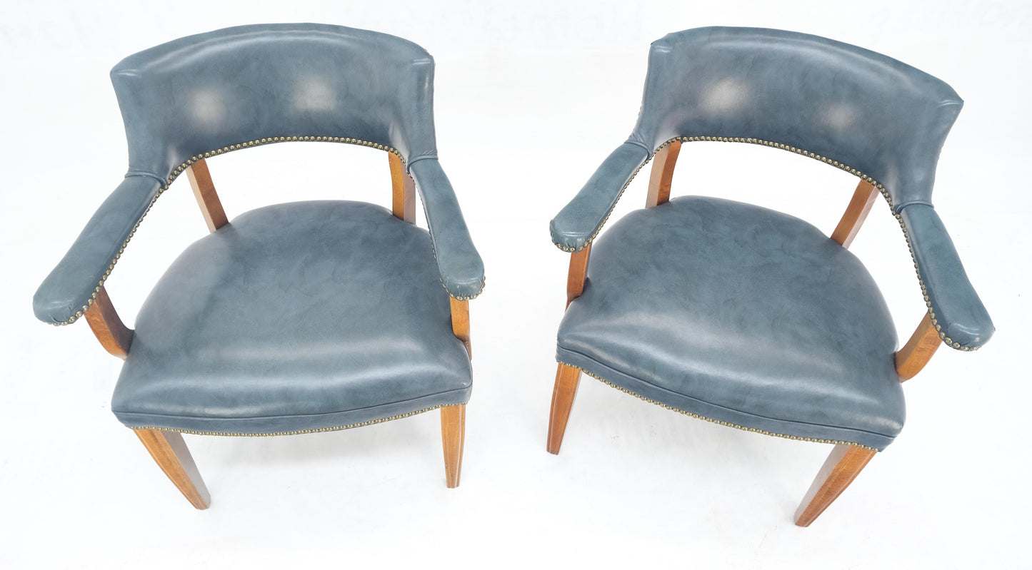 EstablishedLines Pair of Grey Blue Leather Upholstery Vintage c1960s Banker Arm Chairs MINT