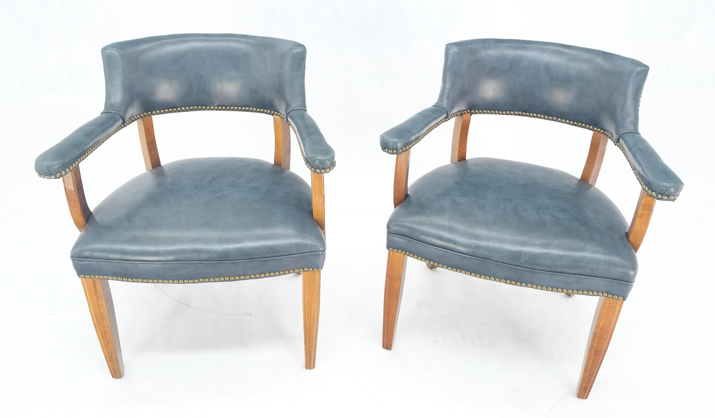 EstablishedLines Pair of Grey Blue Leather Upholstery Vintage c1960s Banker Arm Chairs MINT