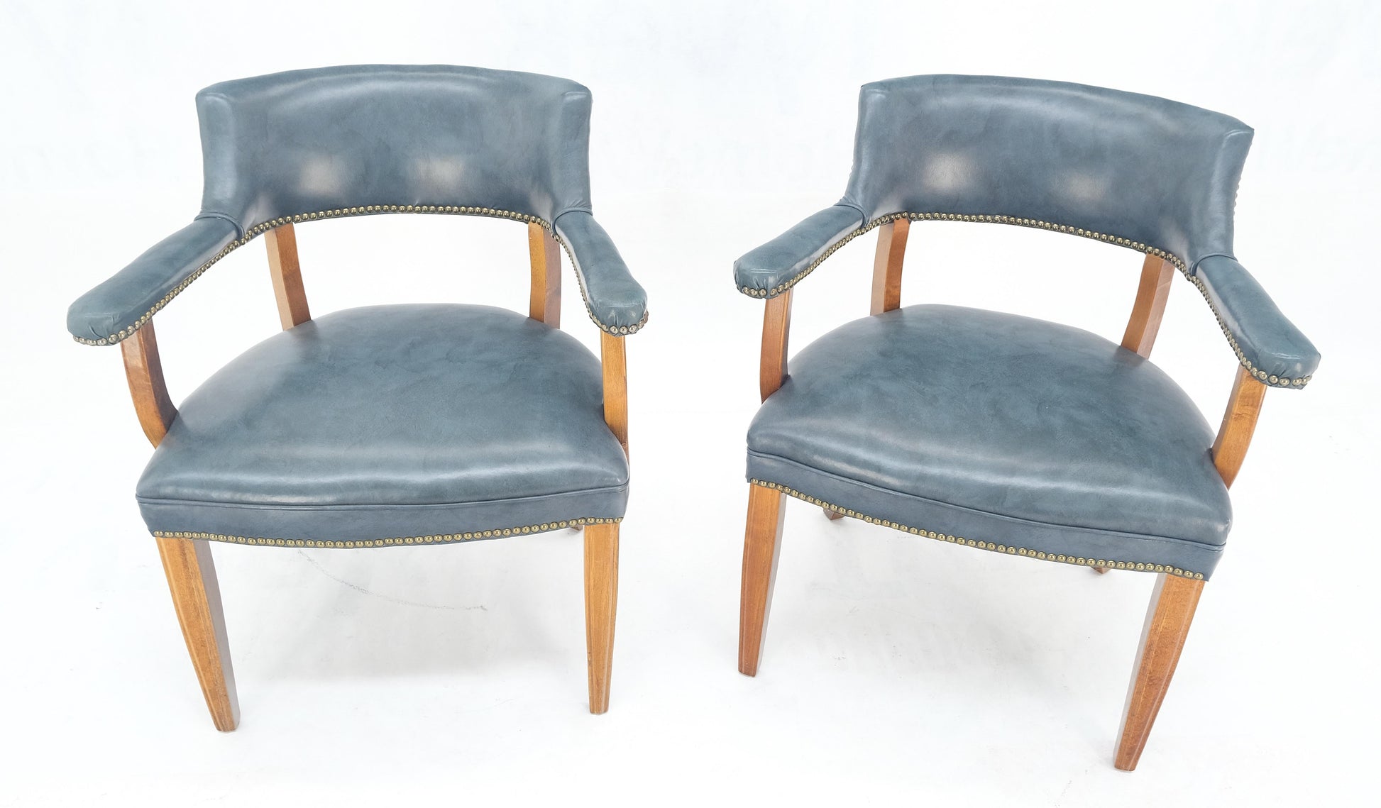 EstablishedLines Pair of Grey Blue Leather Upholstery Vintage c1960s Banker Arm Chairs MINT