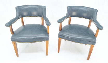 EstablishedLines Pair of Grey Blue Leather Upholstery Vintage c1960s Banker Arm Chairs MINT