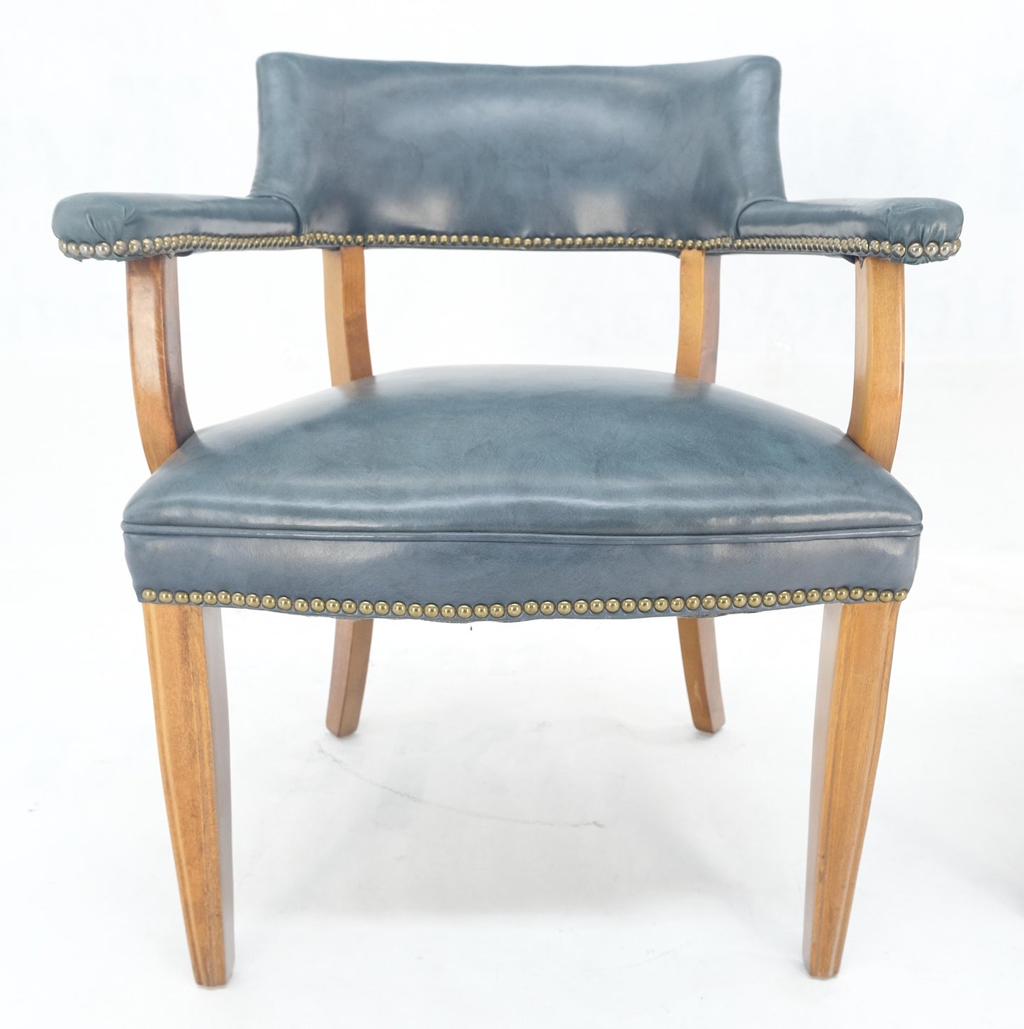 EstablishedLines Pair of Grey Blue Leather Upholstery Vintage c1960s Banker Arm Chairs MINT