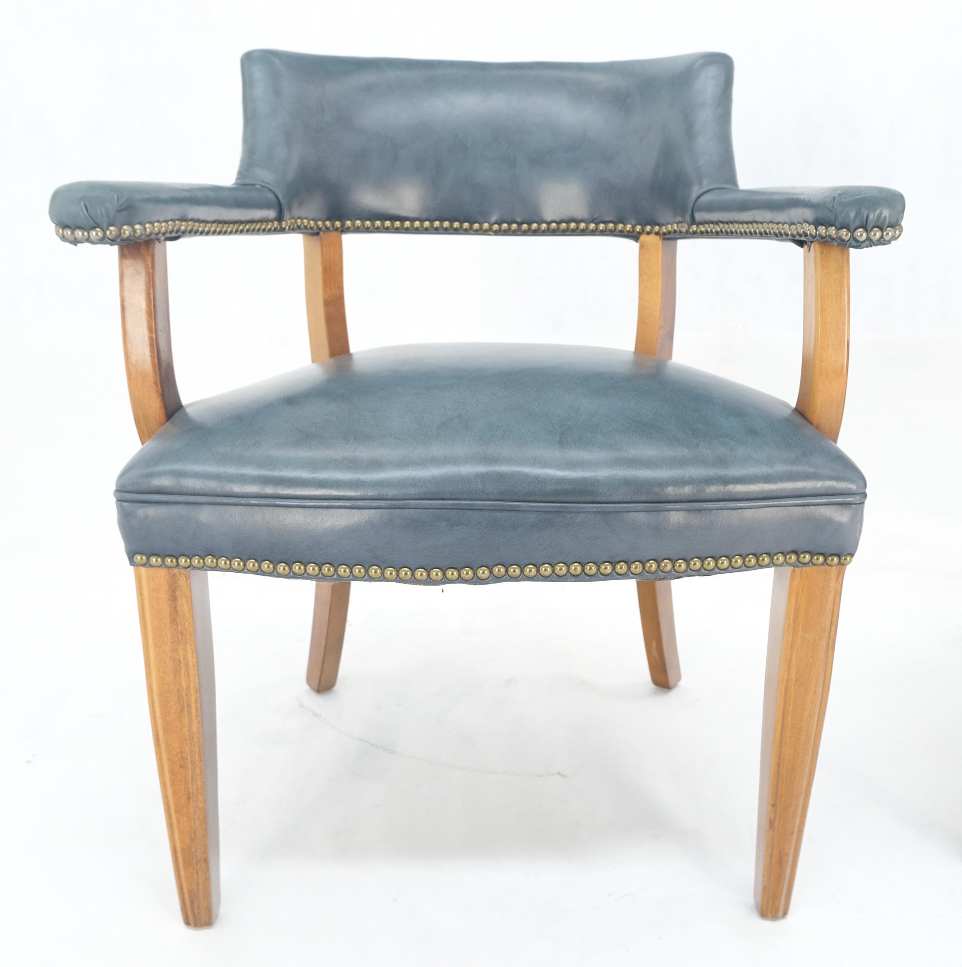 EstablishedLines Pair of Grey Blue Leather Upholstery Vintage c1960s Banker Arm Chairs MINT