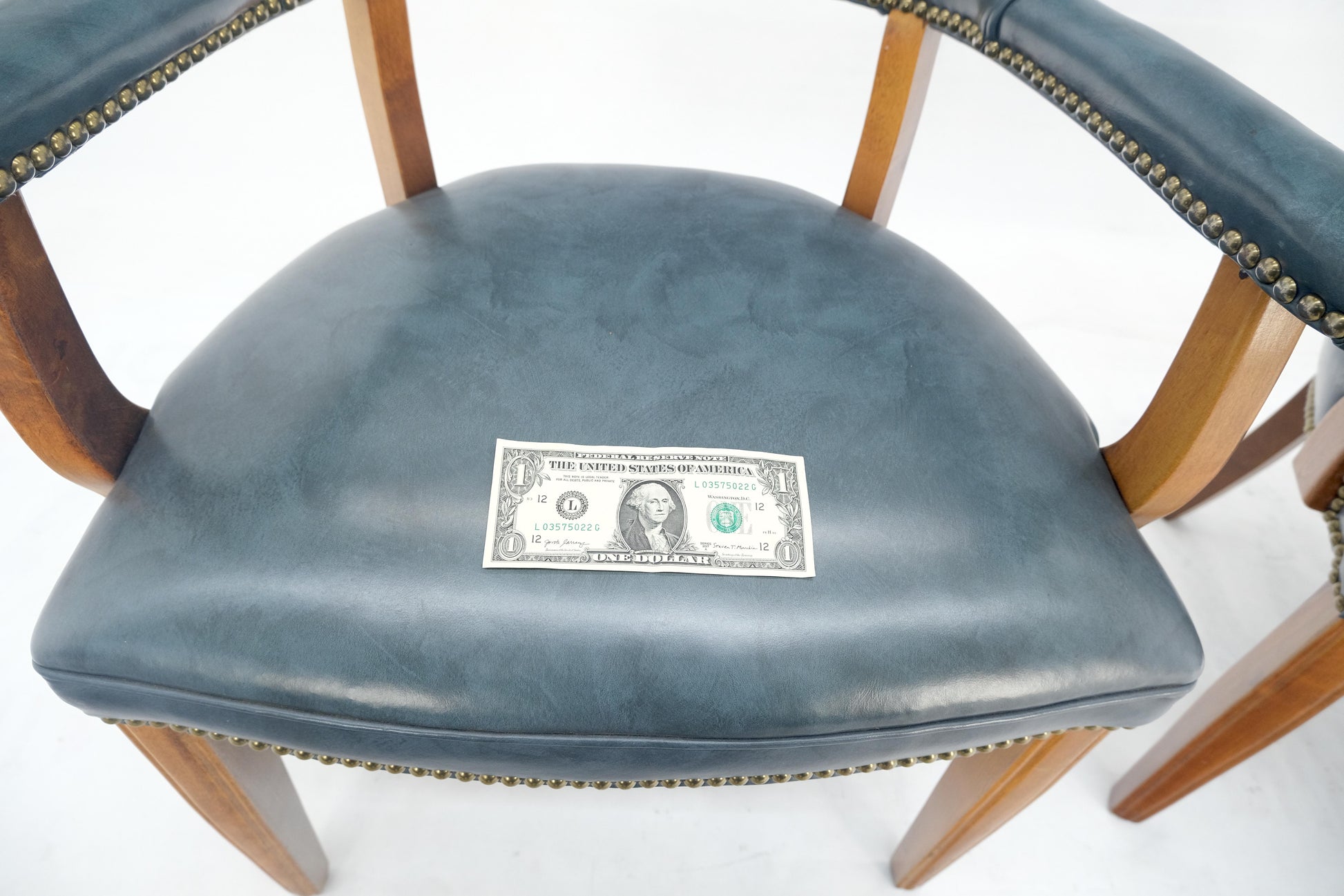 EstablishedLines Pair of Grey Blue Leather Upholstery Vintage c1960s Banker Arm Chairs MINT