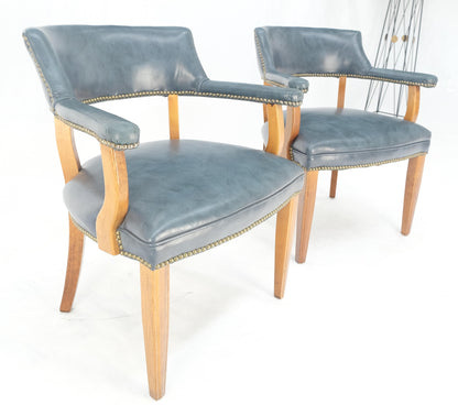 EstablishedLines Pair of Grey Blue Leather Upholstery Vintage c1960s Banker Arm Chairs MINT