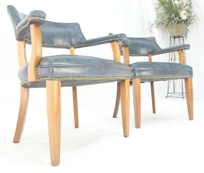 EstablishedLines Pair of Grey Blue Leather Upholstery Vintage c1960s Banker Arm Chairs MINT