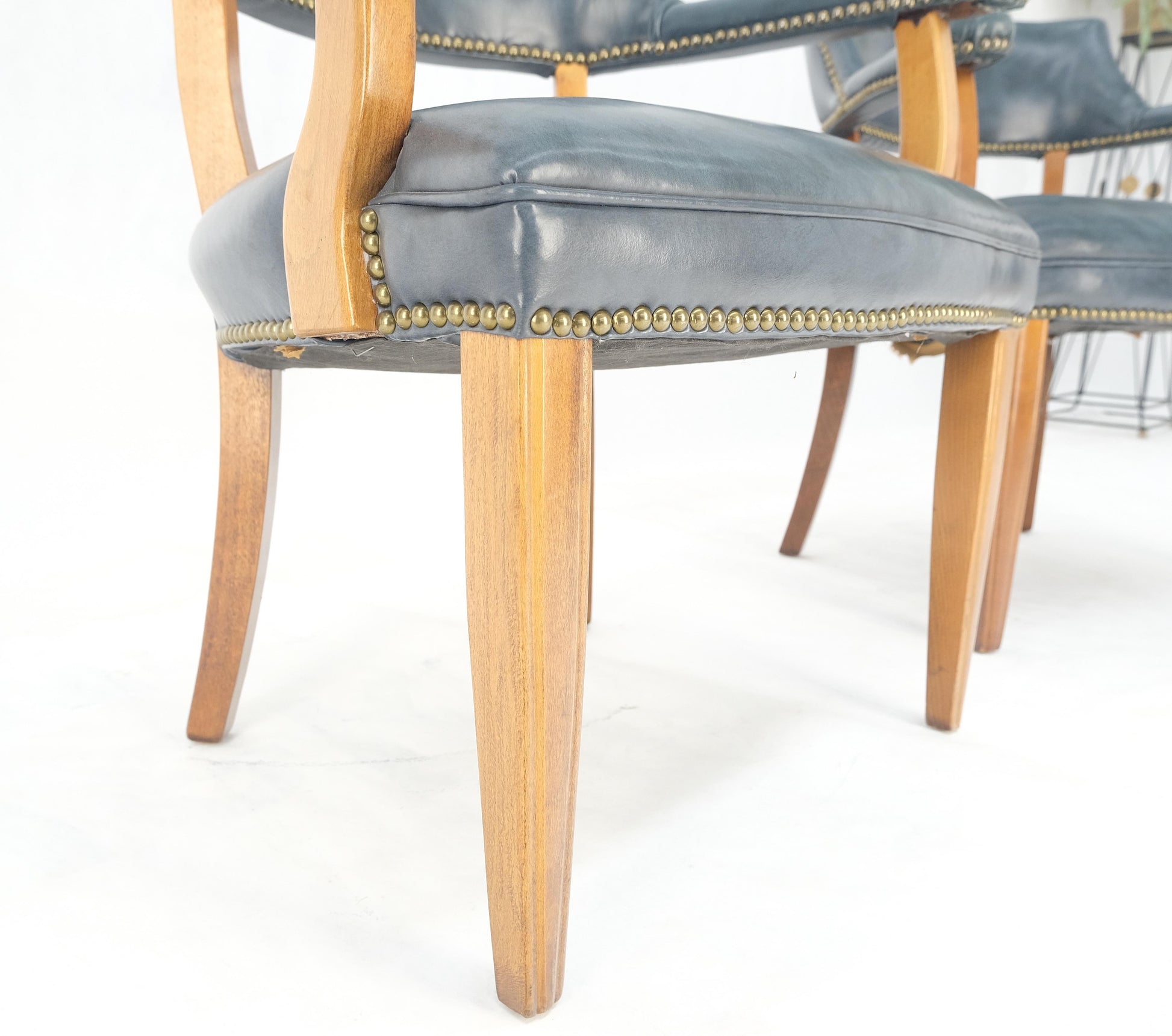 EstablishedLines Pair of Grey Blue Leather Upholstery Vintage c1960s Banker Arm Chairs MINT