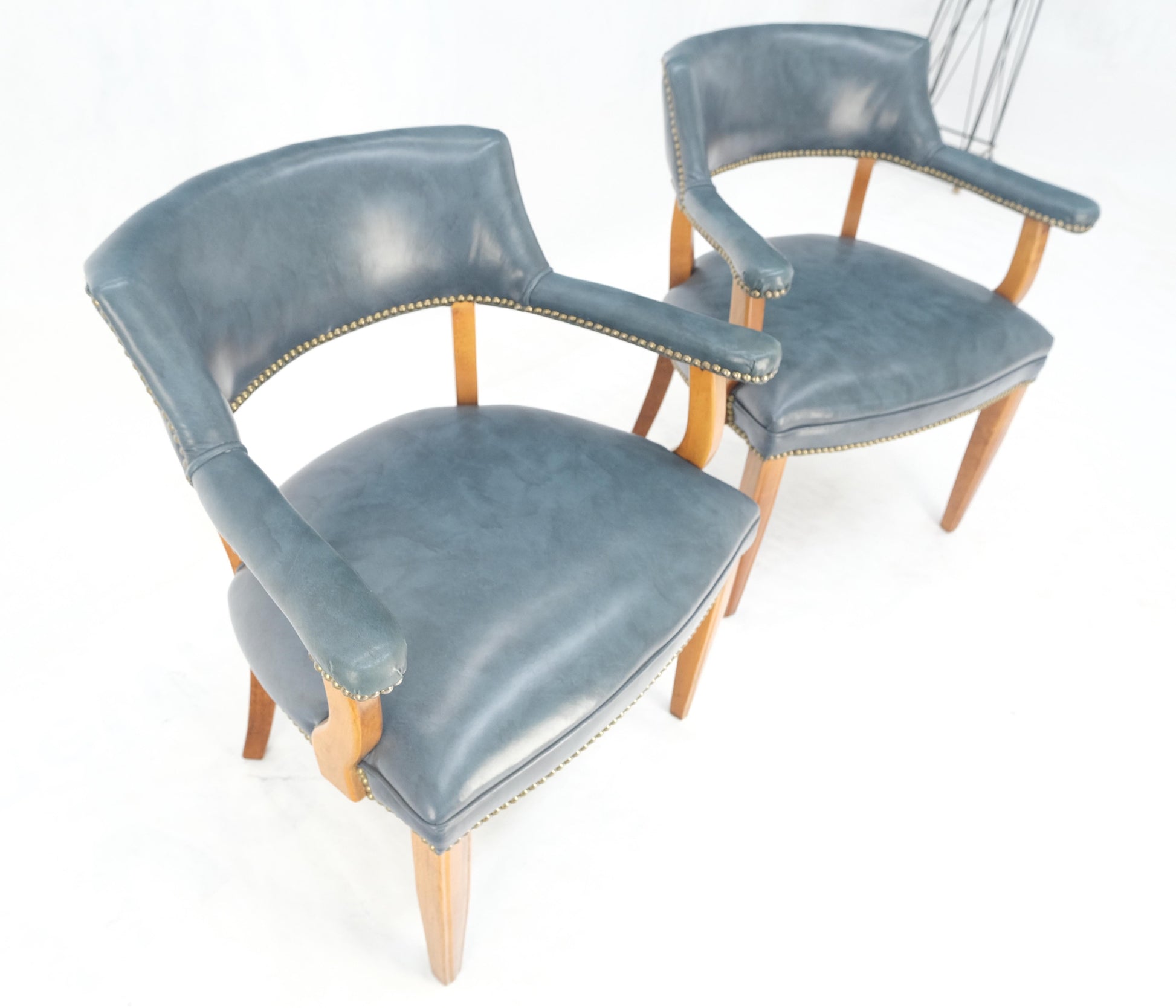 EstablishedLines Pair of Grey Blue Leather Upholstery Vintage c1960s Banker Arm Chairs MINT