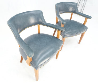 EstablishedLines Pair of Grey Blue Leather Upholstery Vintage c1960s Banker Arm Chairs MINT
