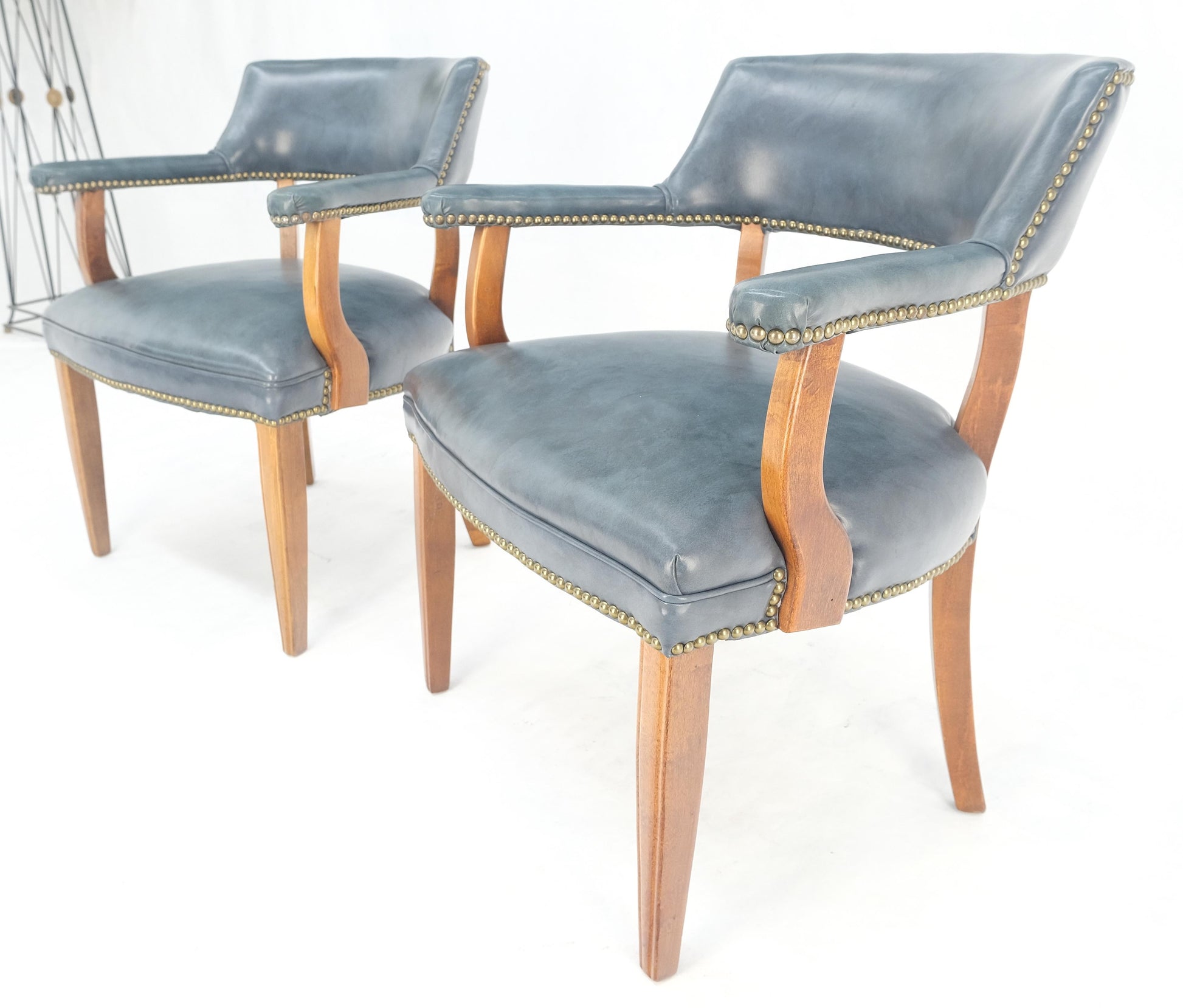 EstablishedLines Pair of Grey Blue Leather Upholstery Vintage c1960s Banker Arm Chairs MINT